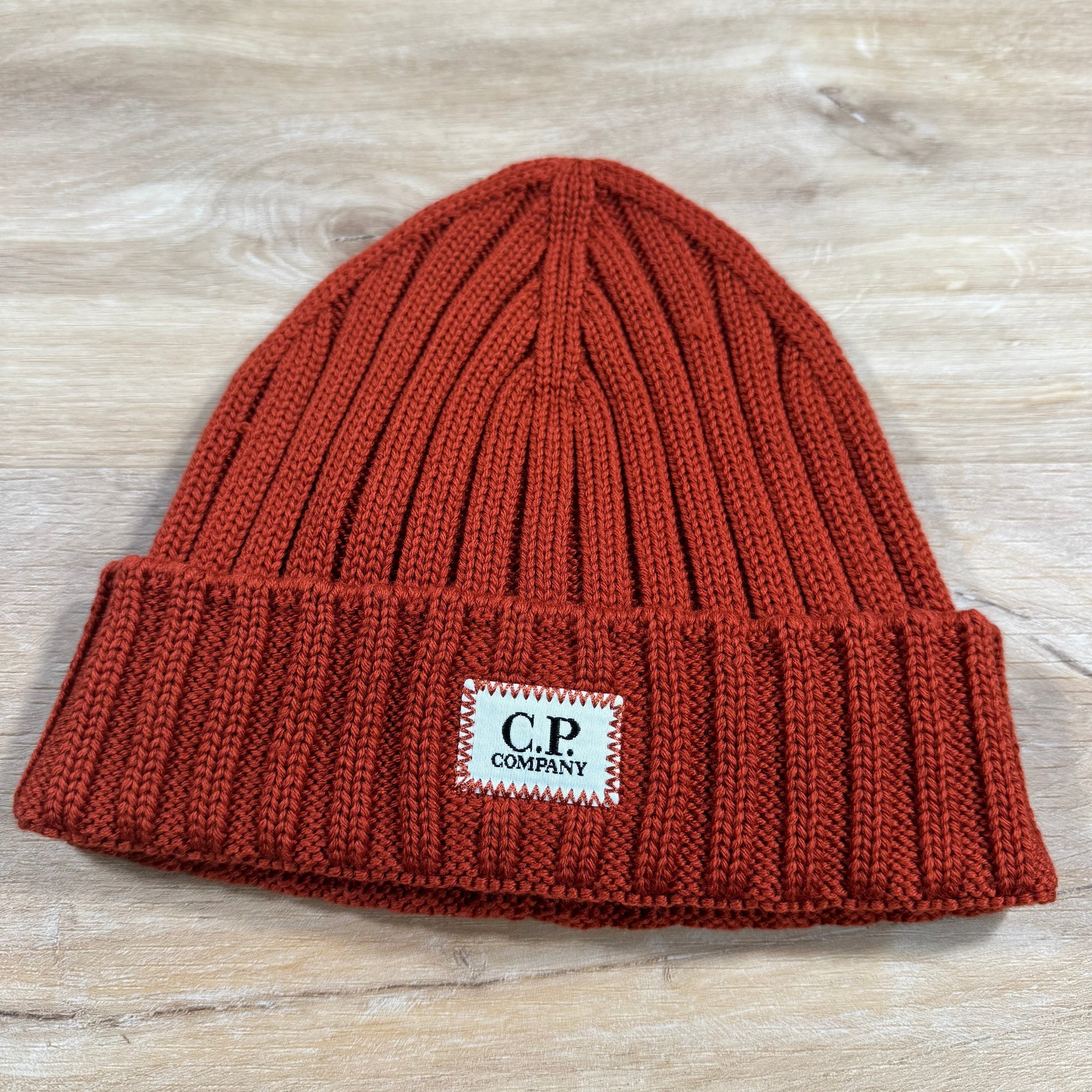 CP Company Extra Fine Merino Wool Logo Beanie in Bombay Brown