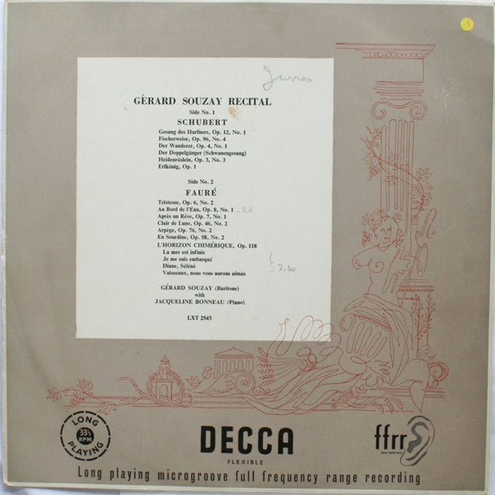 Gérard Souzay, Jacqueline Bonneau, Franz Schubert, Gabriel Fauré – Recital (VG+/VG+)