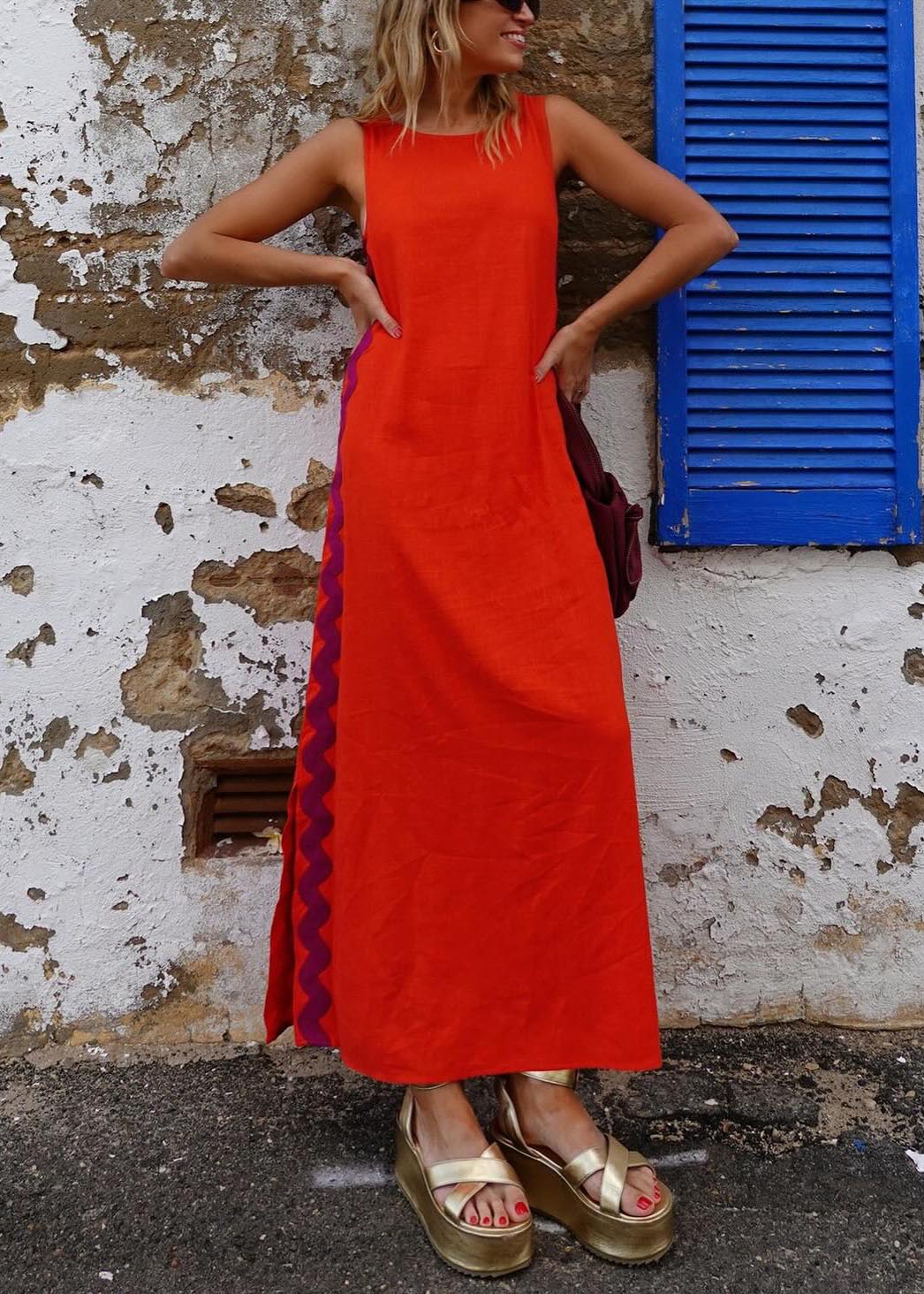 Casual vest solid color lace stitching long dress