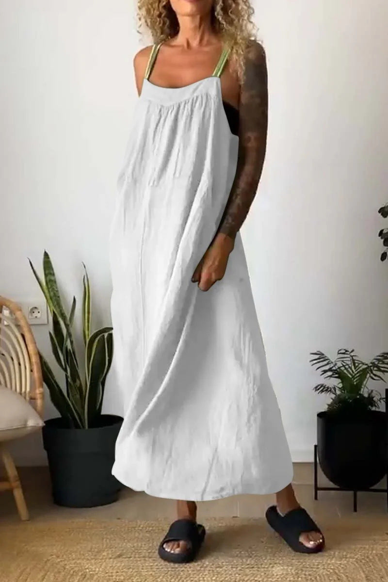 Casual cotton and linen suspender dress
