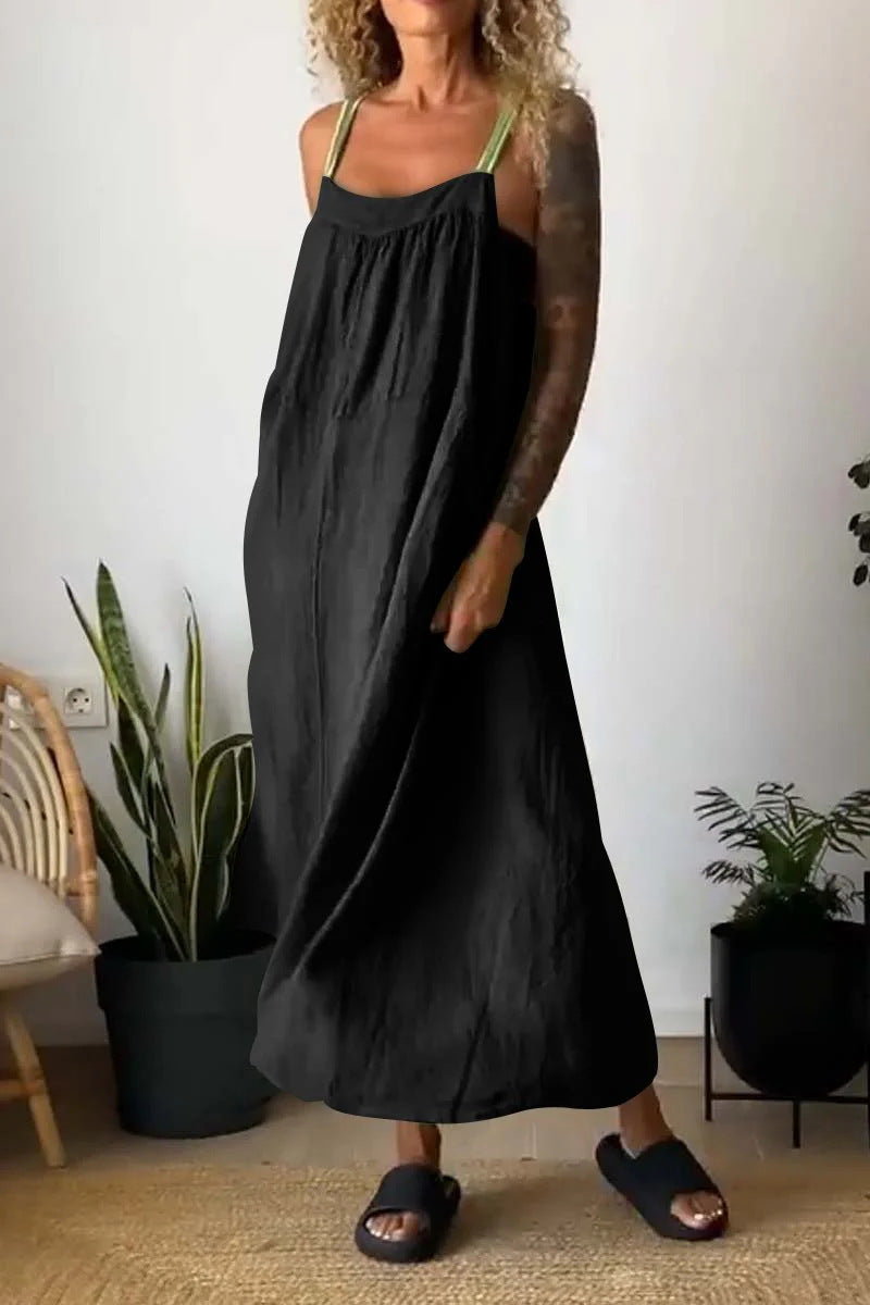 Casual cotton and linen suspender dress