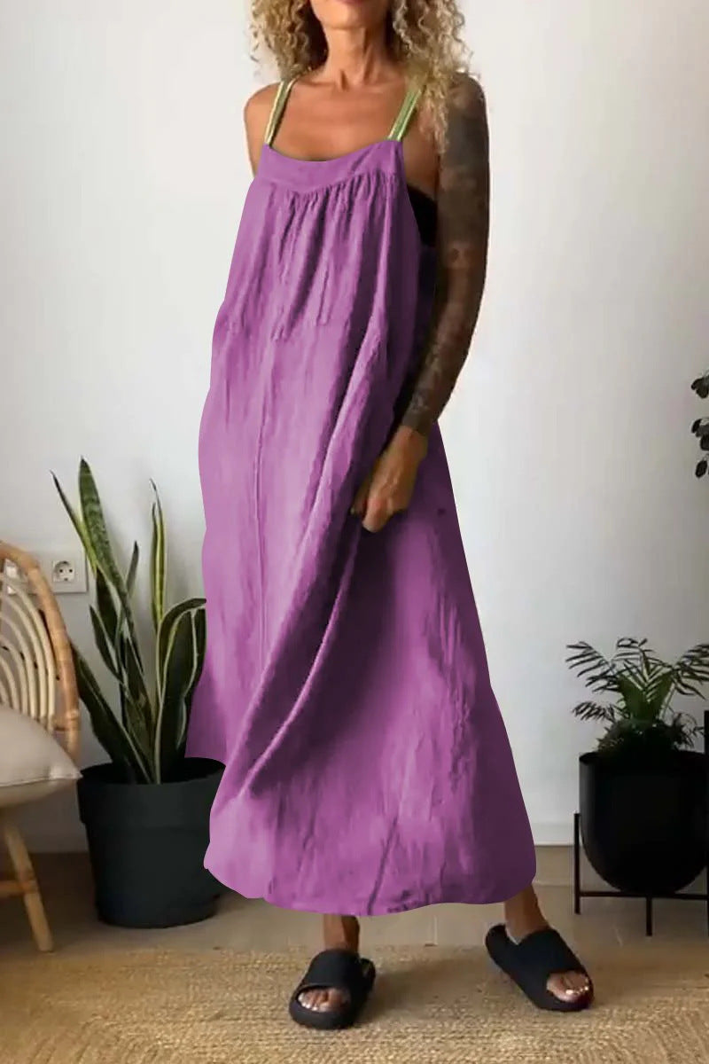 Casual cotton and linen suspender dress