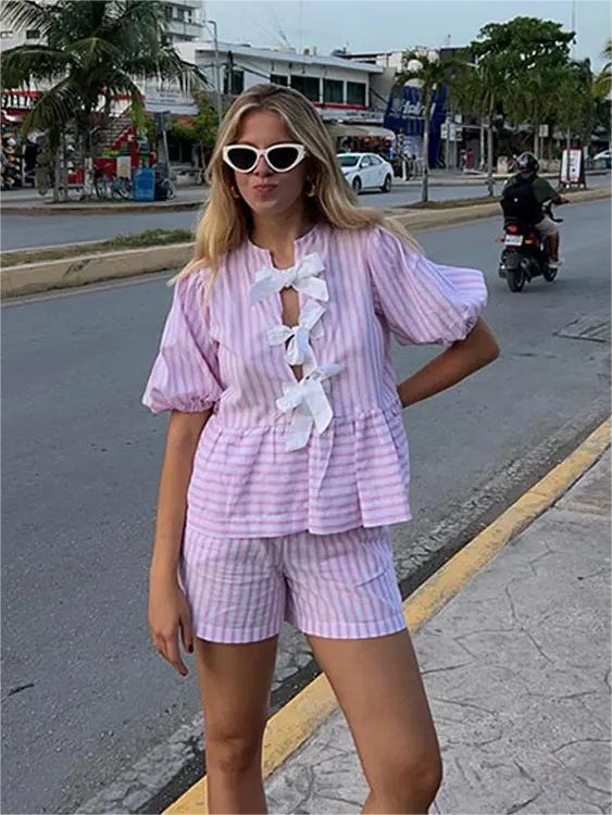 Blue Bow Striped Blouse Set