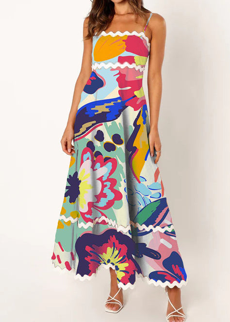 Blue Floral Print Lace Stitching Elegant Strapless Maxi Dress