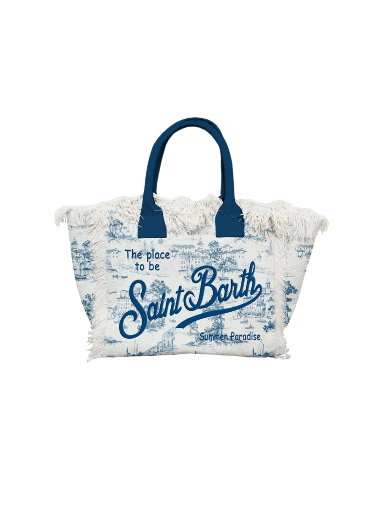 Borsa MC2 St.Barth "Colette" bianca con frange e sfondo paesaggio
