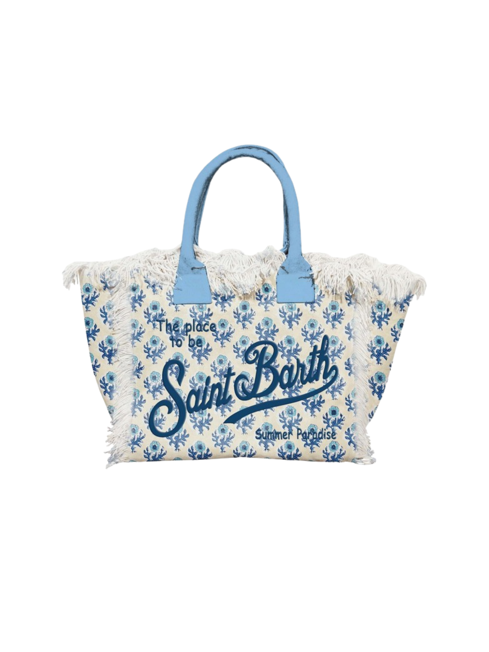 Borsa MC2 St.Barth "Colette" bianca con frange e motivo floreale
