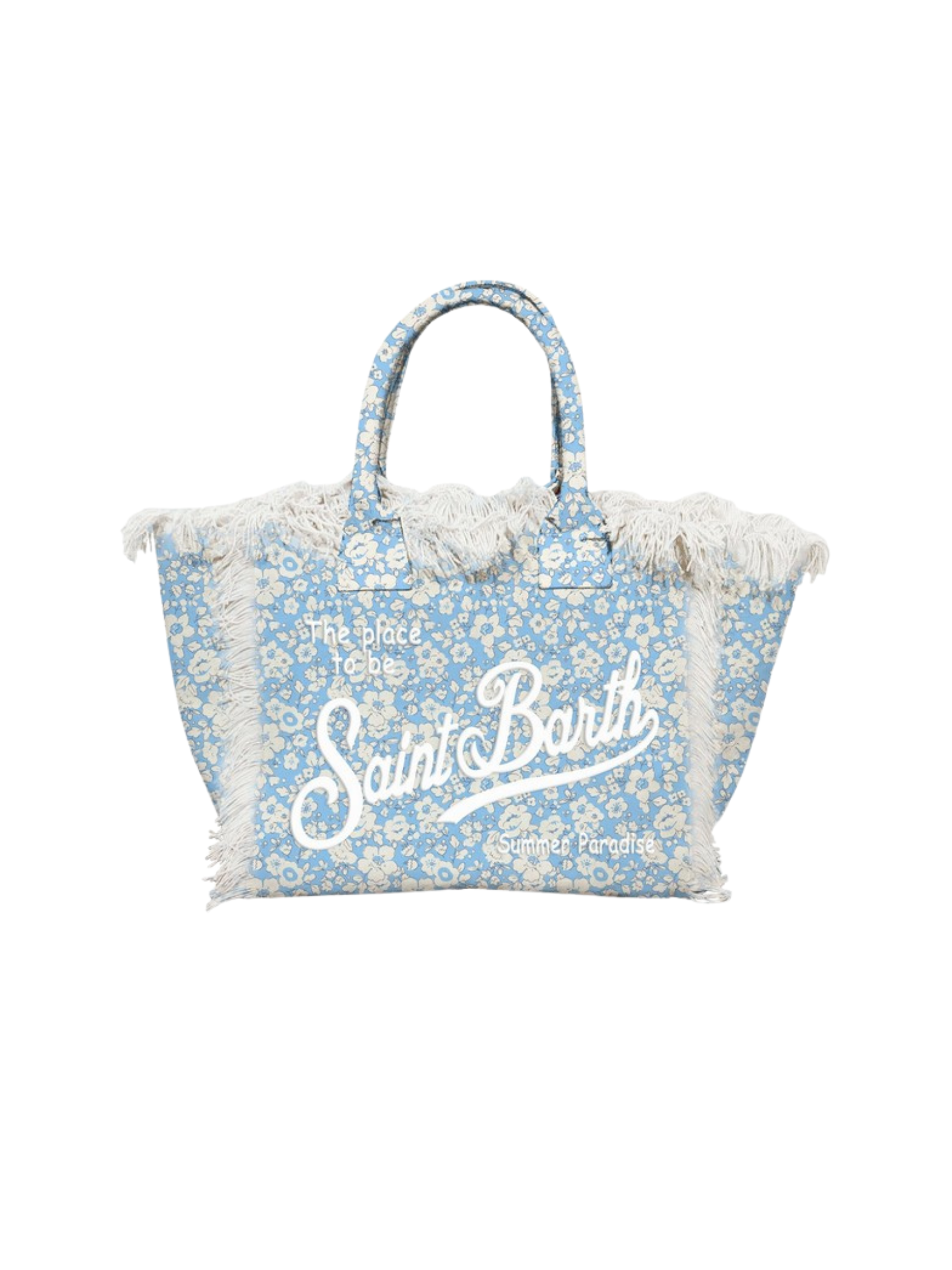 Borsa MC2 St.Barth "Colette" azzurra con frange e motivo floreale