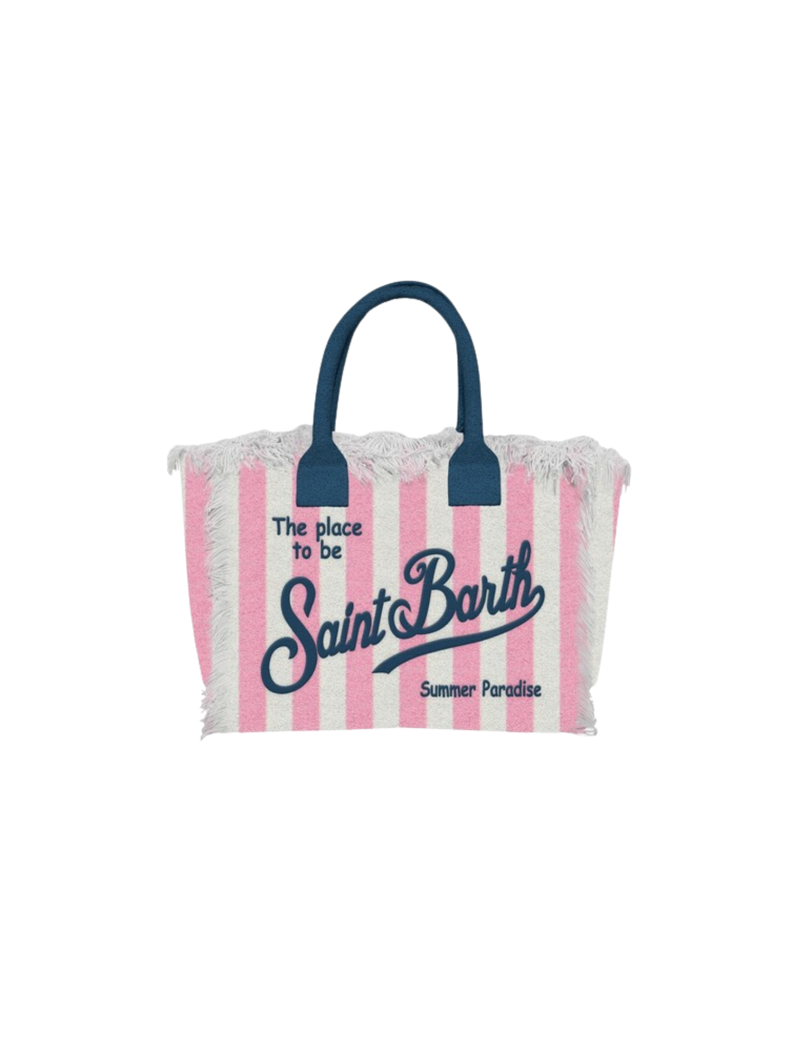 Borsa "vanity mini" Saint Barth a righe bianche e rosa con manici blu