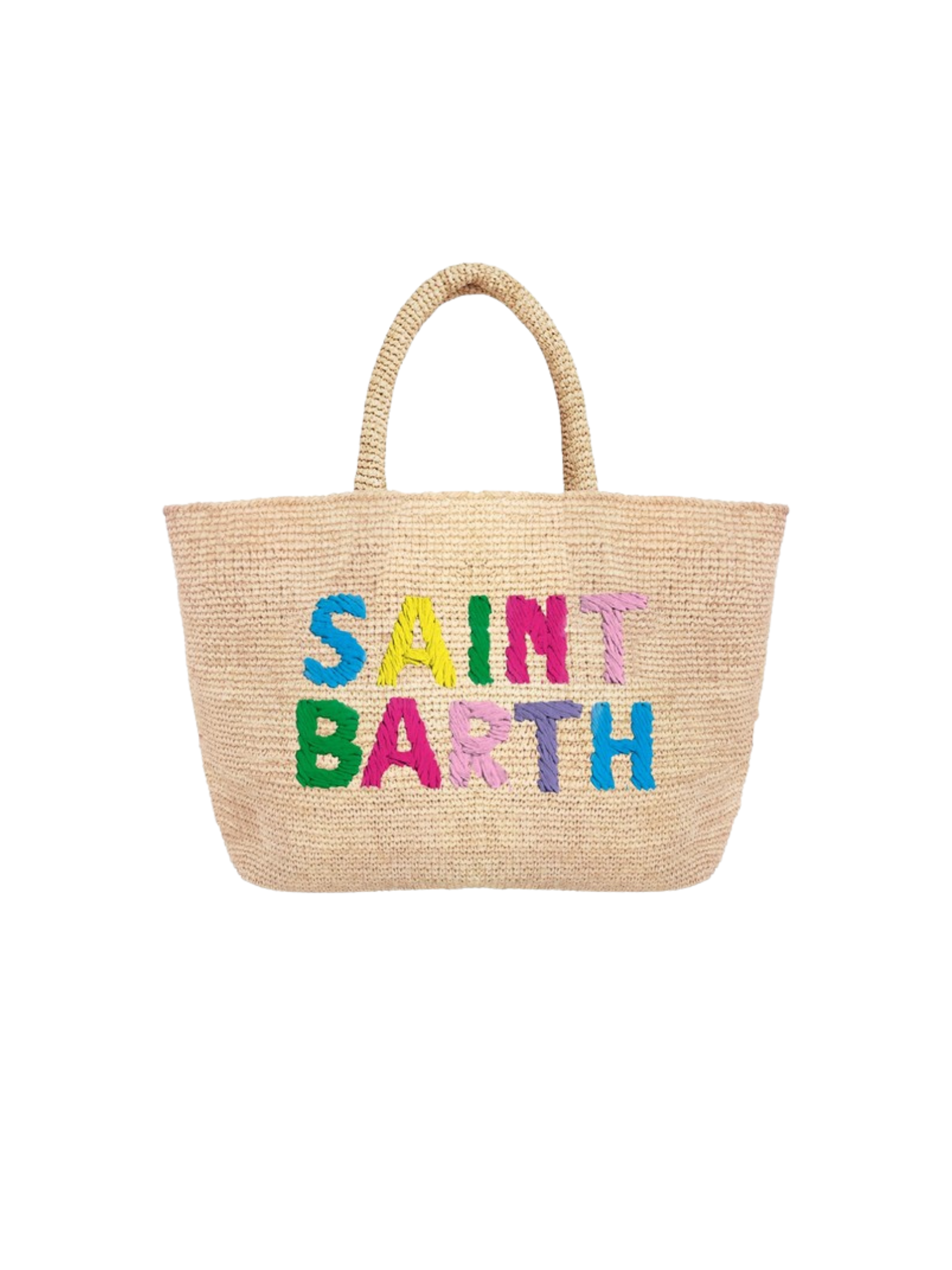 Borsa in rafia Saint Barth beige con ricamo logo arcobaleno