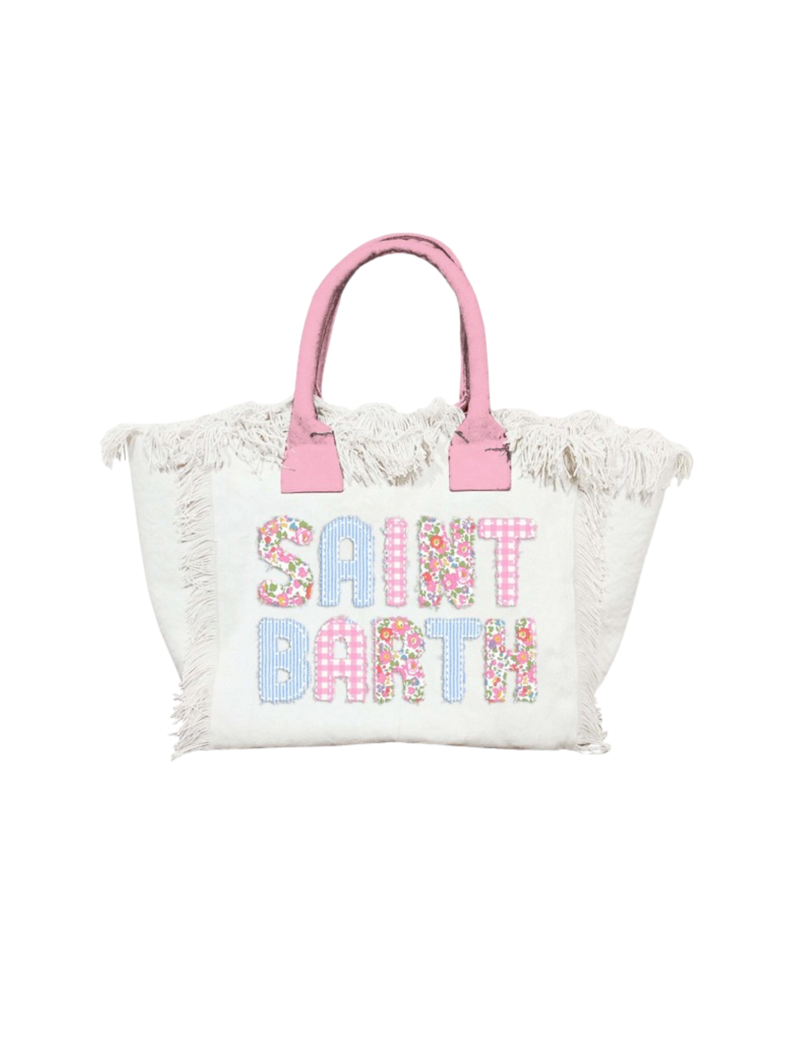 Borsa MC2 St.Barth "Colette" bianca con frange e patch lettering "Saint Barth"
