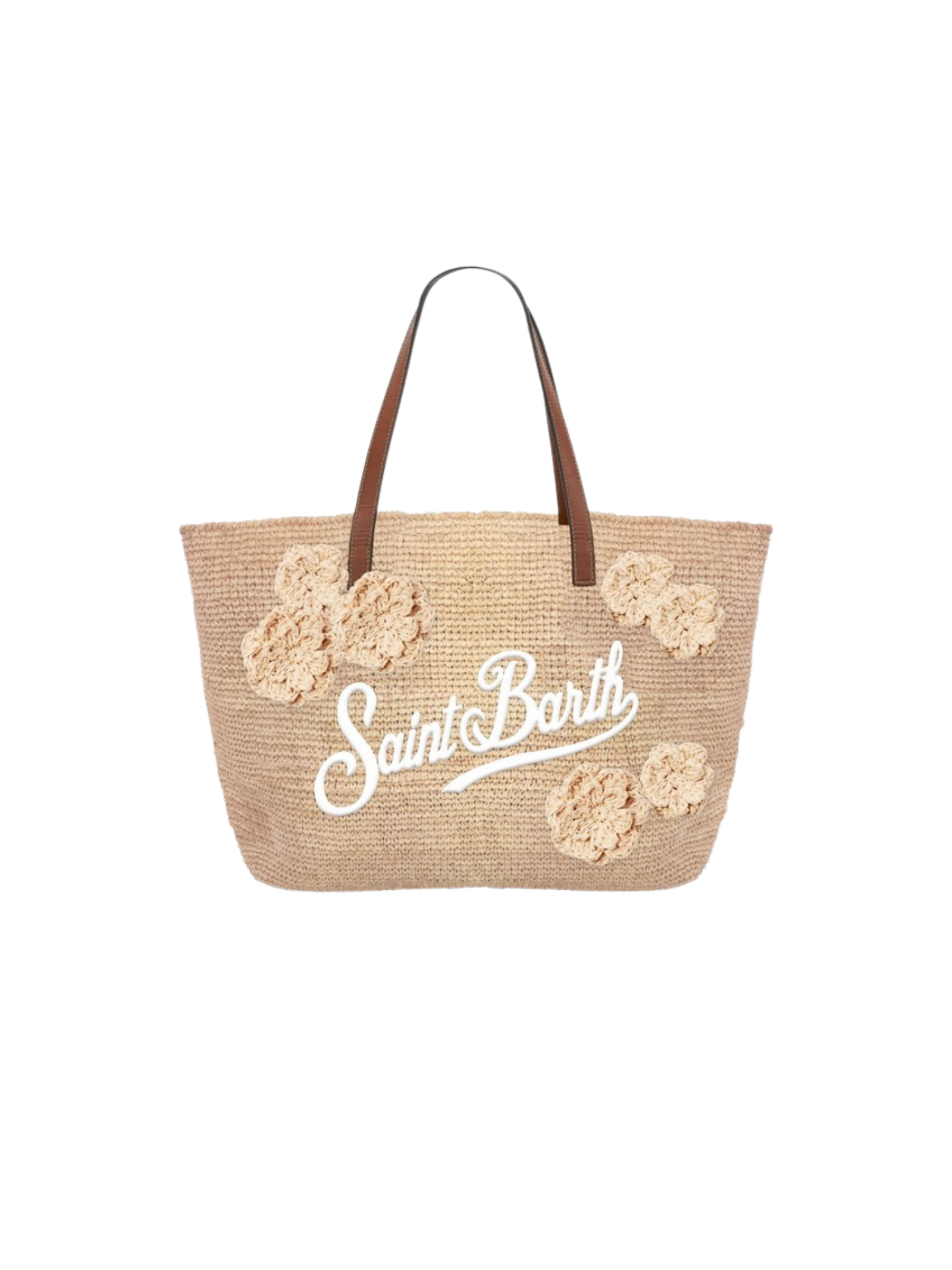 Borsa in rafia "city mid" Saint Barth beige con applicazioni floreali