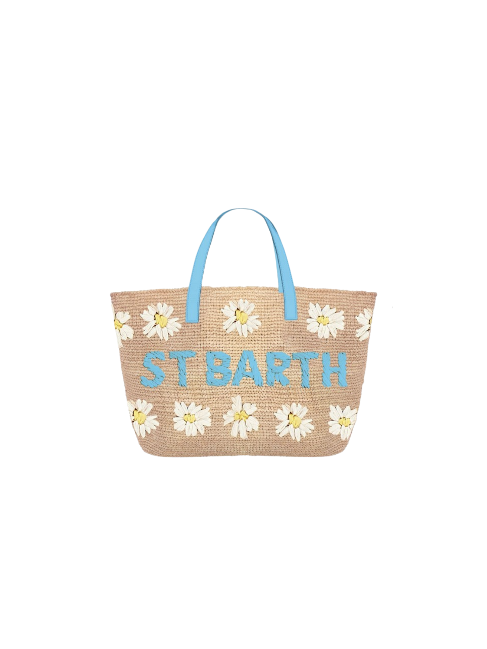 Borsa in rafia "city mini" Saint Barth beige con dettagli azzurri e applicazioni floreali